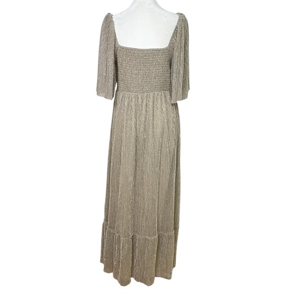 BALTIC BORN Athena Pleated V-Neck Maxi Dress Champagne Gold Metallic Size L - Picture 4 of 17